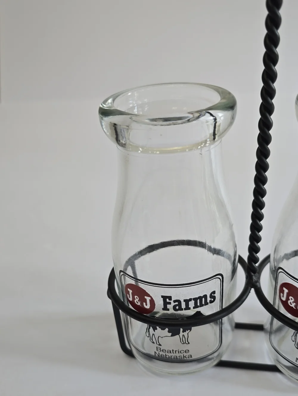 Vintage J&J Farms Set Of 2 Milk Glass Bottle Set With Metal Caddy Beatrice NE